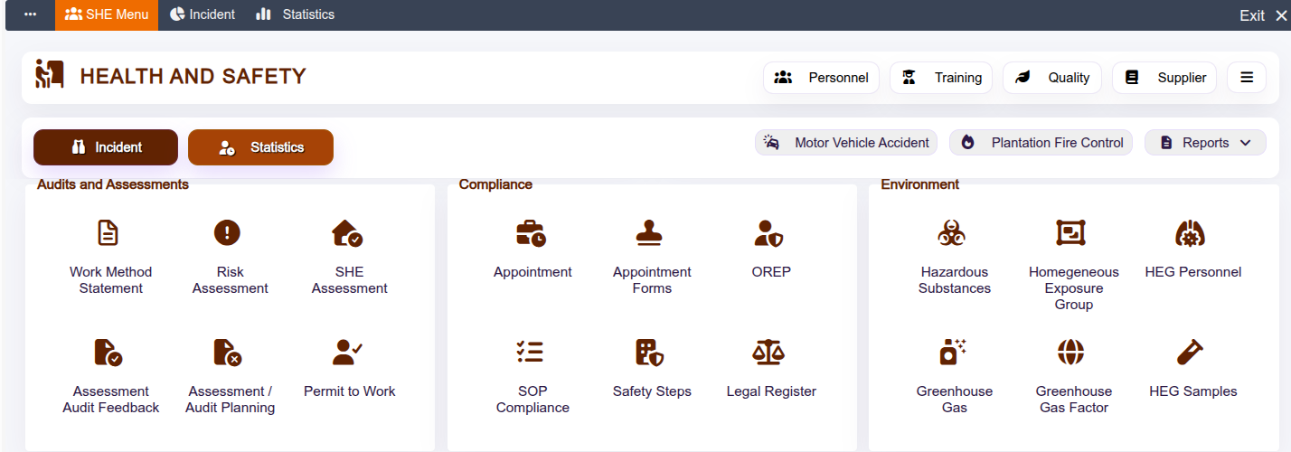 dMS Health and Safety dashboard showing incident, assessment, compliance and environmental functions