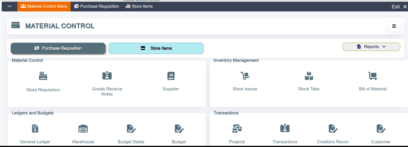 dMS Material Control dashboard showing requisitions, receiving, inventory and transaction functions
